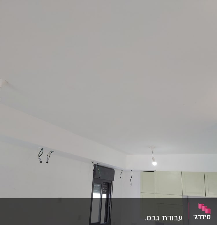 תקרה חלקה עם נורות תלויות וחוטי חשמל גלויים